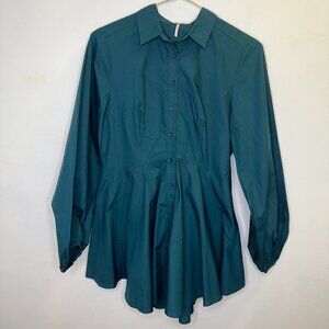 Free People All the Time Dark Green Button Up Size Small Peplum Balloon Sleeve